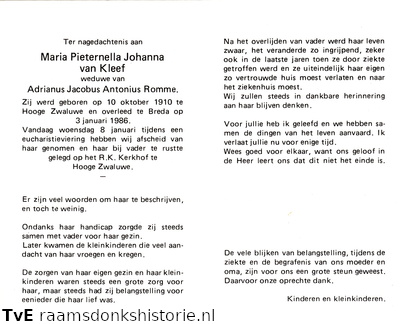 Maria Pieternella Johanna van Kleef- Adrianus Jacobus Antonius Romme